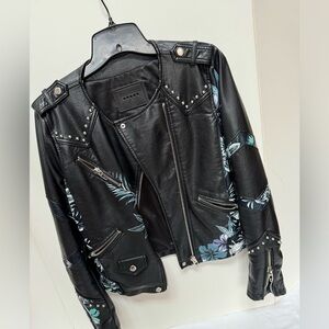 Blank NYC vegan leather jacket hand painted flower detail small